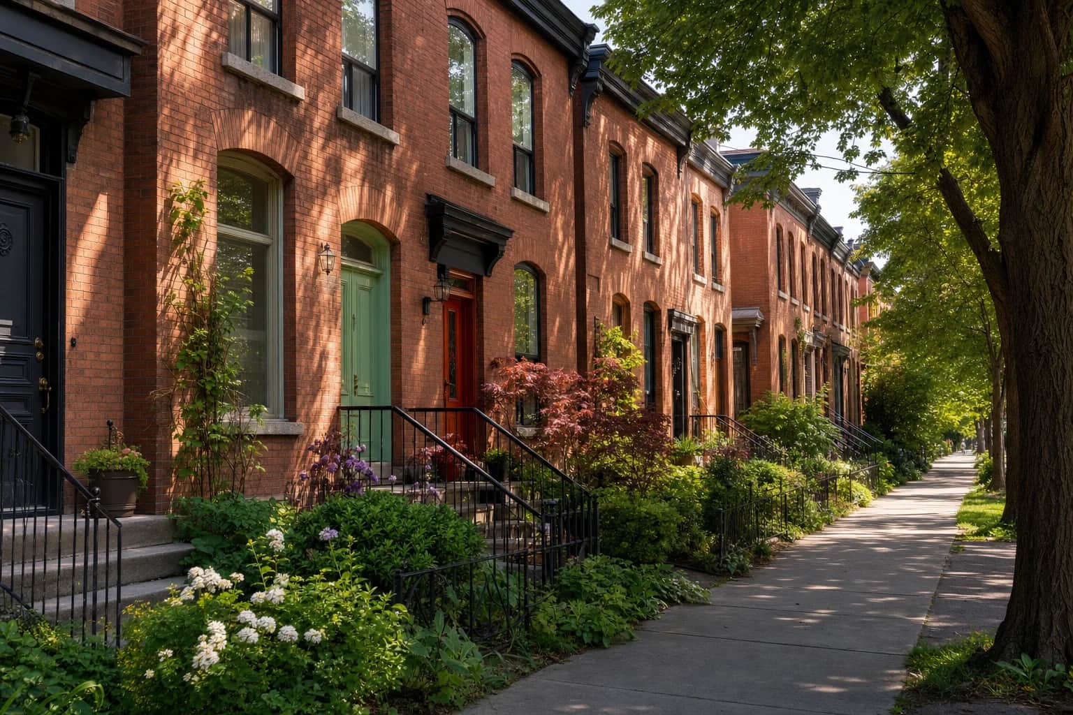 Row of brick townhouses in morning light — representing the protection and stability that mortgage default insurance provides to the Canadian housing market.