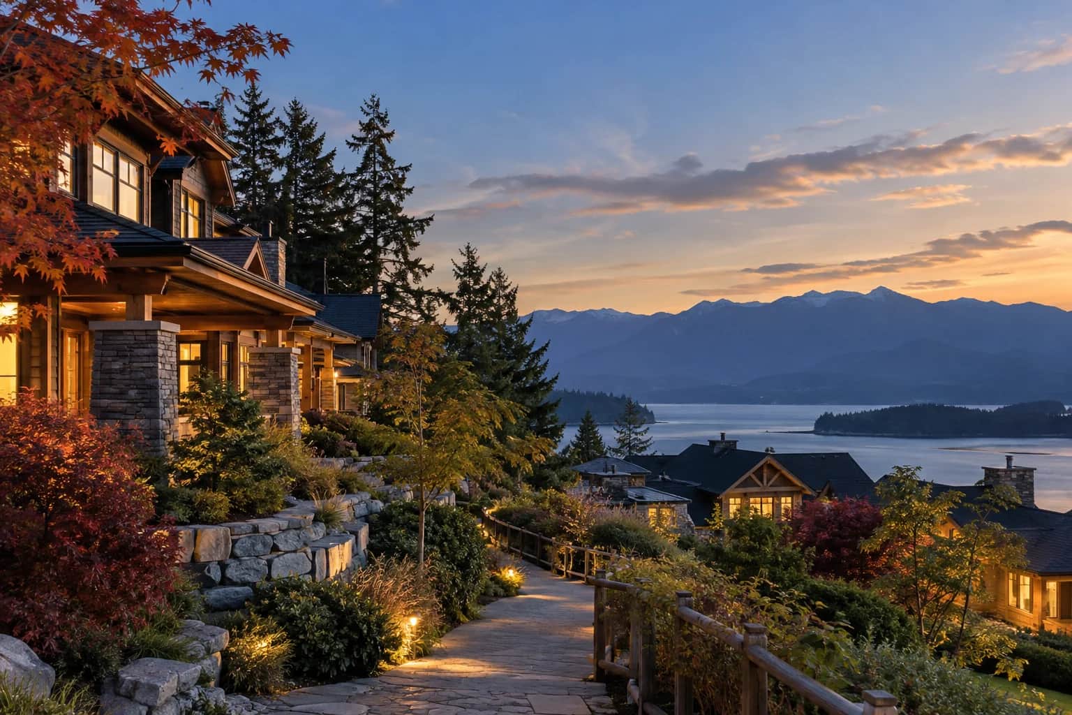 Warmly lit West Coast homes among autumn trees overlooking mountains and water