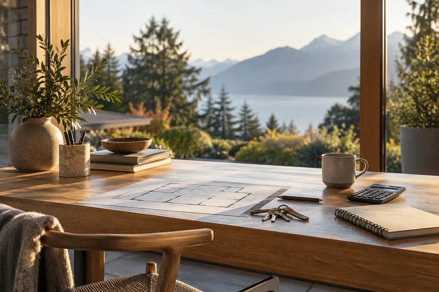 Home plans, a calculator and keys on a sunlit desk