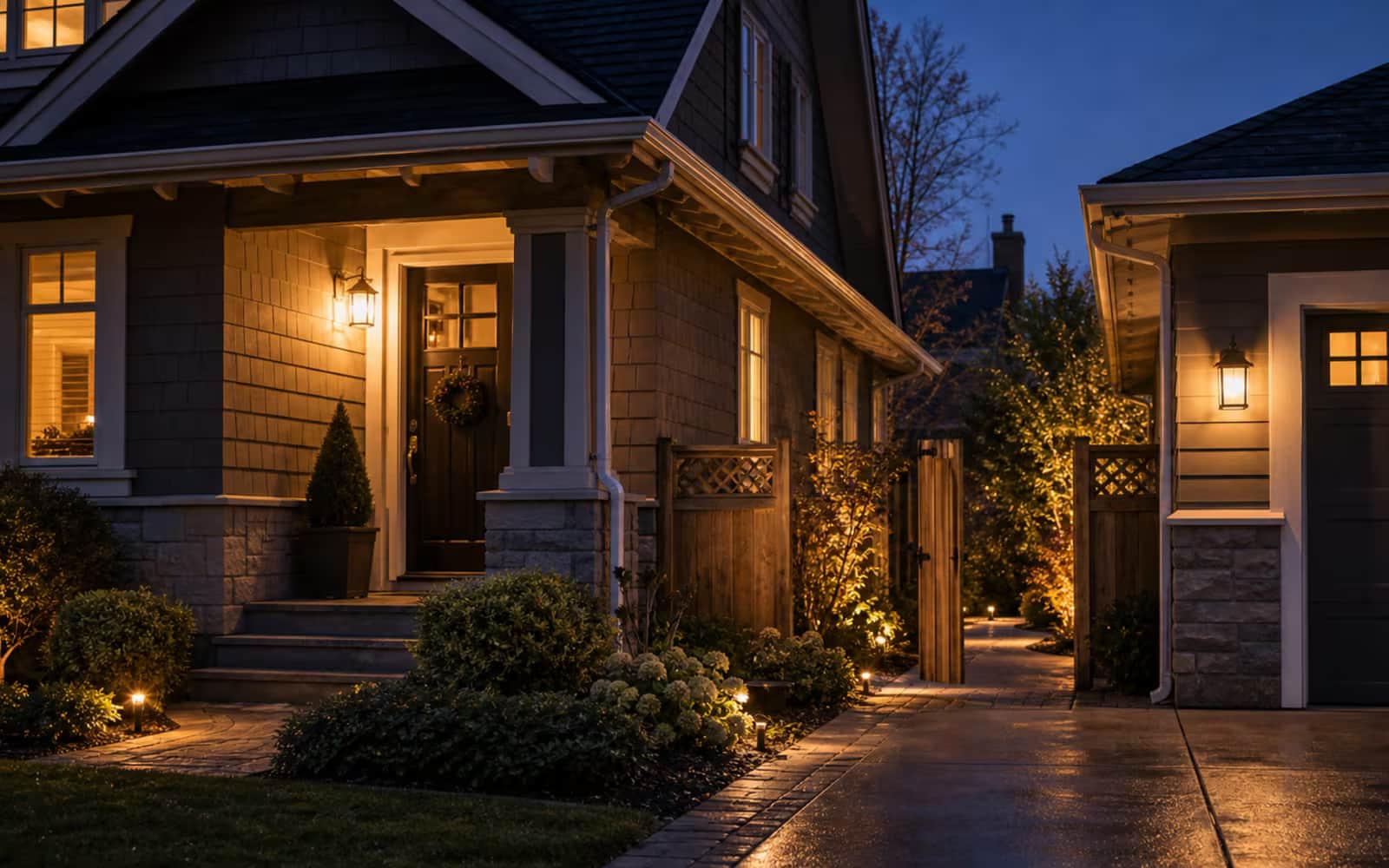Layered Canadian home exterior at twilight representing collateral charge mortgage structure and flexibility.