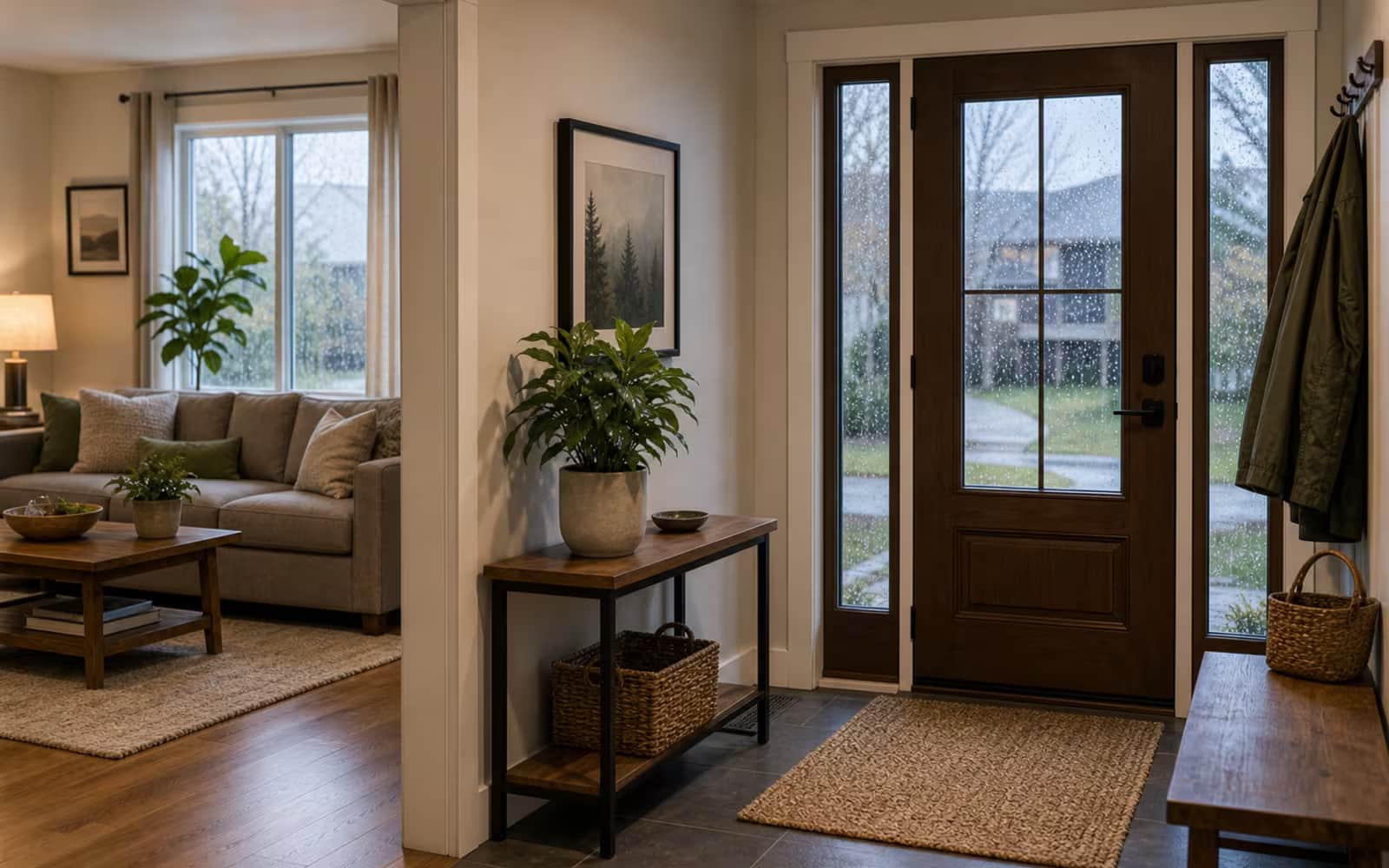 Established Canadian home entry after rain representing conventional mortgage equity and stability.