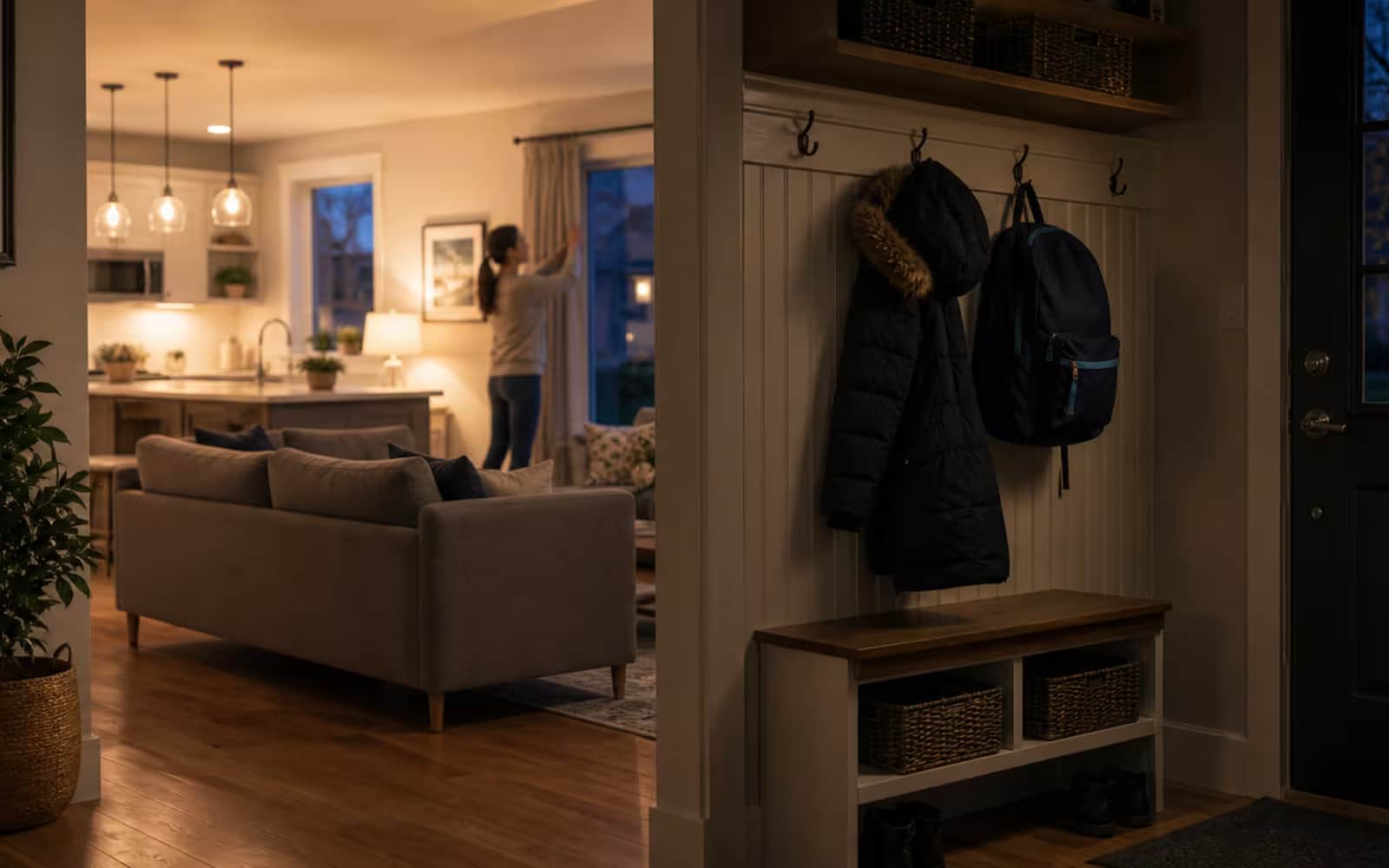 Canadian home entry and living space at evening showing the household routine a fixed mortgage can protect.
