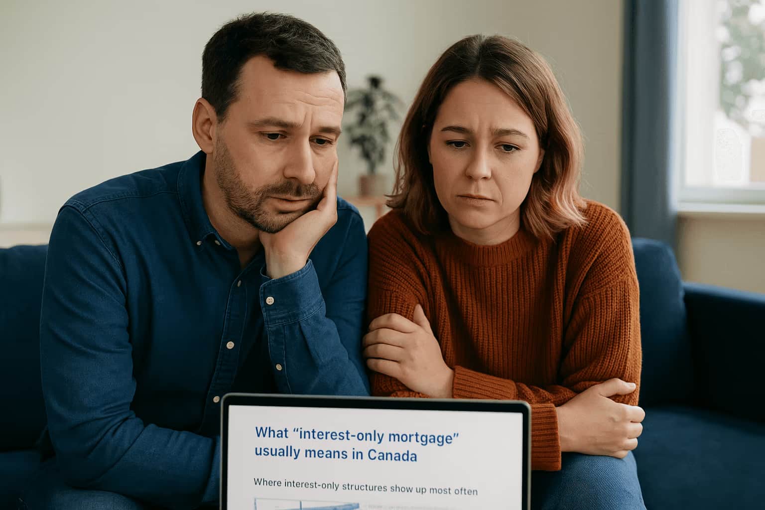 Canadian mortgage advisor helping a couple review an interest-only mortgage plan at sunset