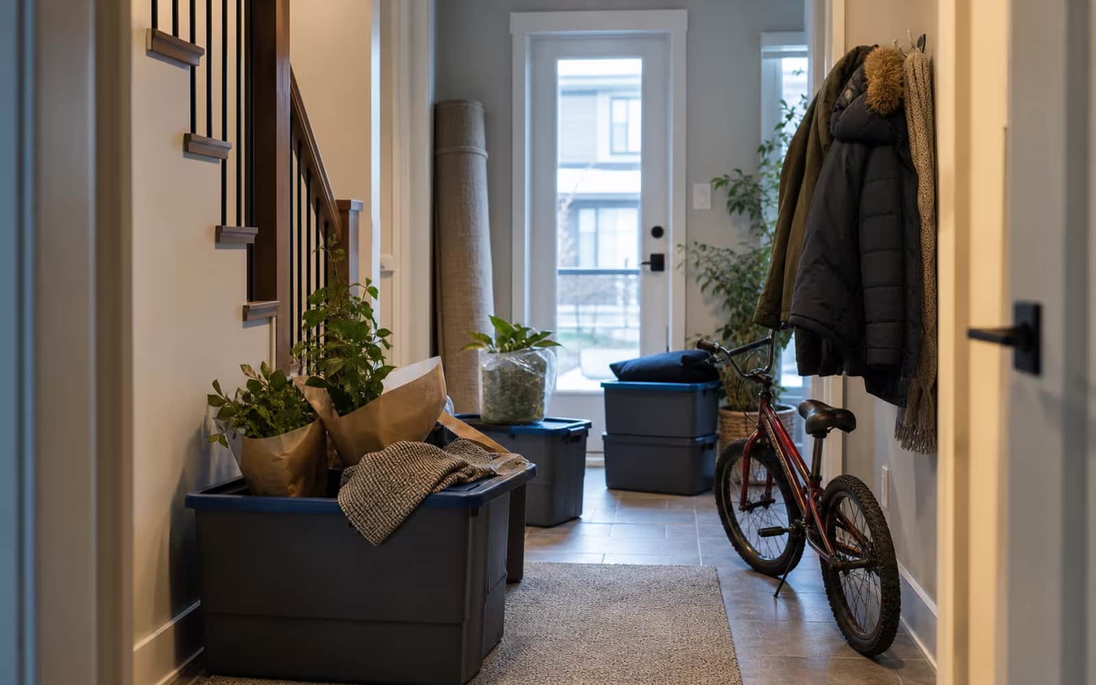 Canadian townhouse hallway with moving bins, plants, and family gear representing a portable mortgage move.