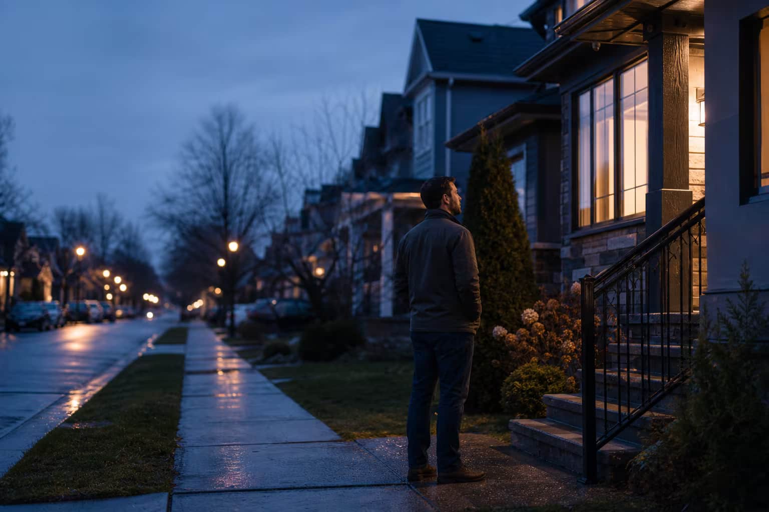 Homeowner standing outside a Canadian home at blue hour while weighing a private mortgage exit plan.