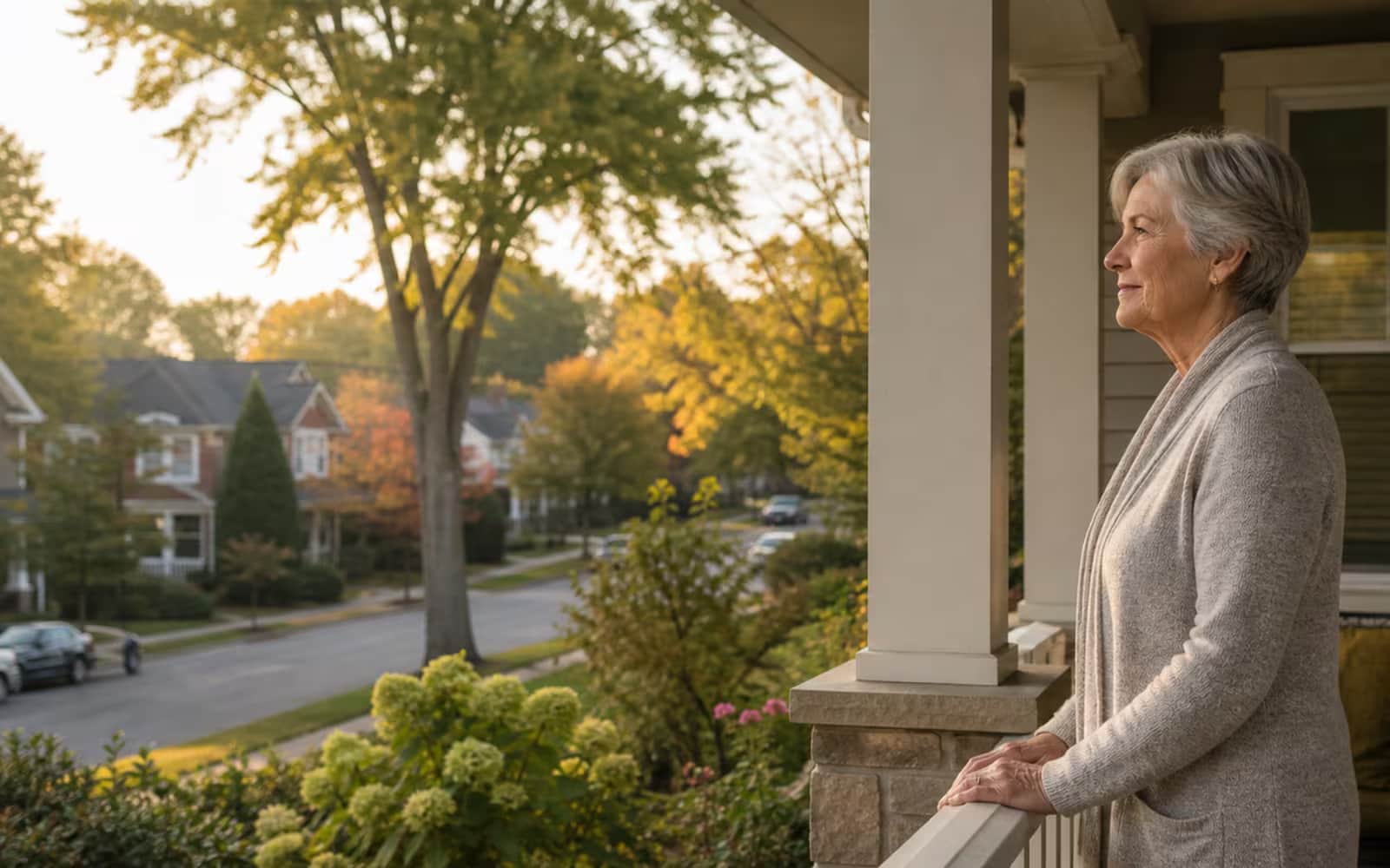 Older Canadian homeowner standing on a porch while considering aging in place with a reverse mortgage.