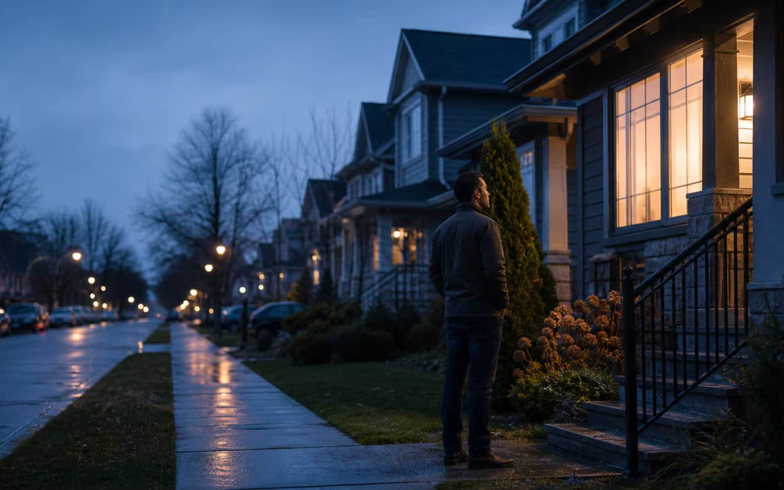 Homeowner standing outside a Canadian home after rain while weighing a second mortgage decision.