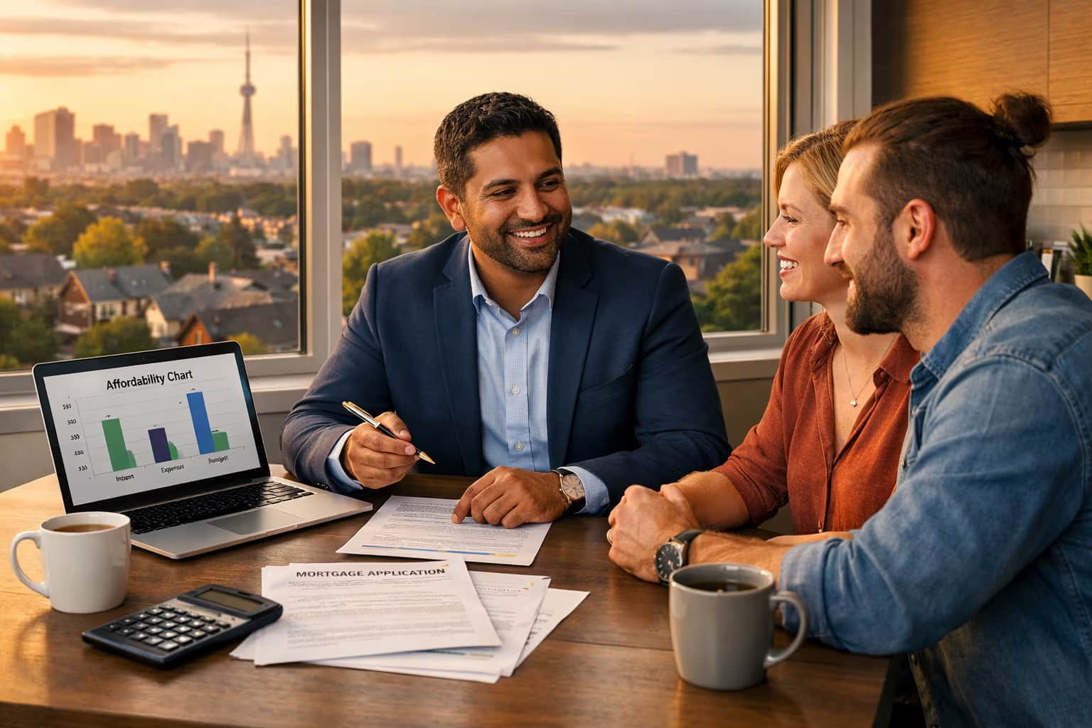 Canadian mortgage advisor meeting with a self-employed couple to review specialty mortgage options at sunset