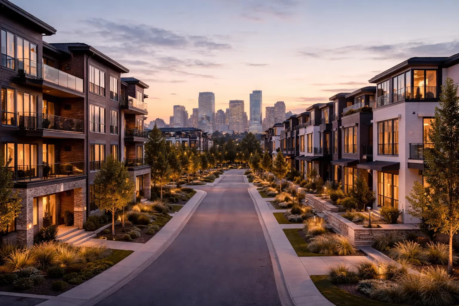 Calgary condo and townhome district at dusk with downtown in the background