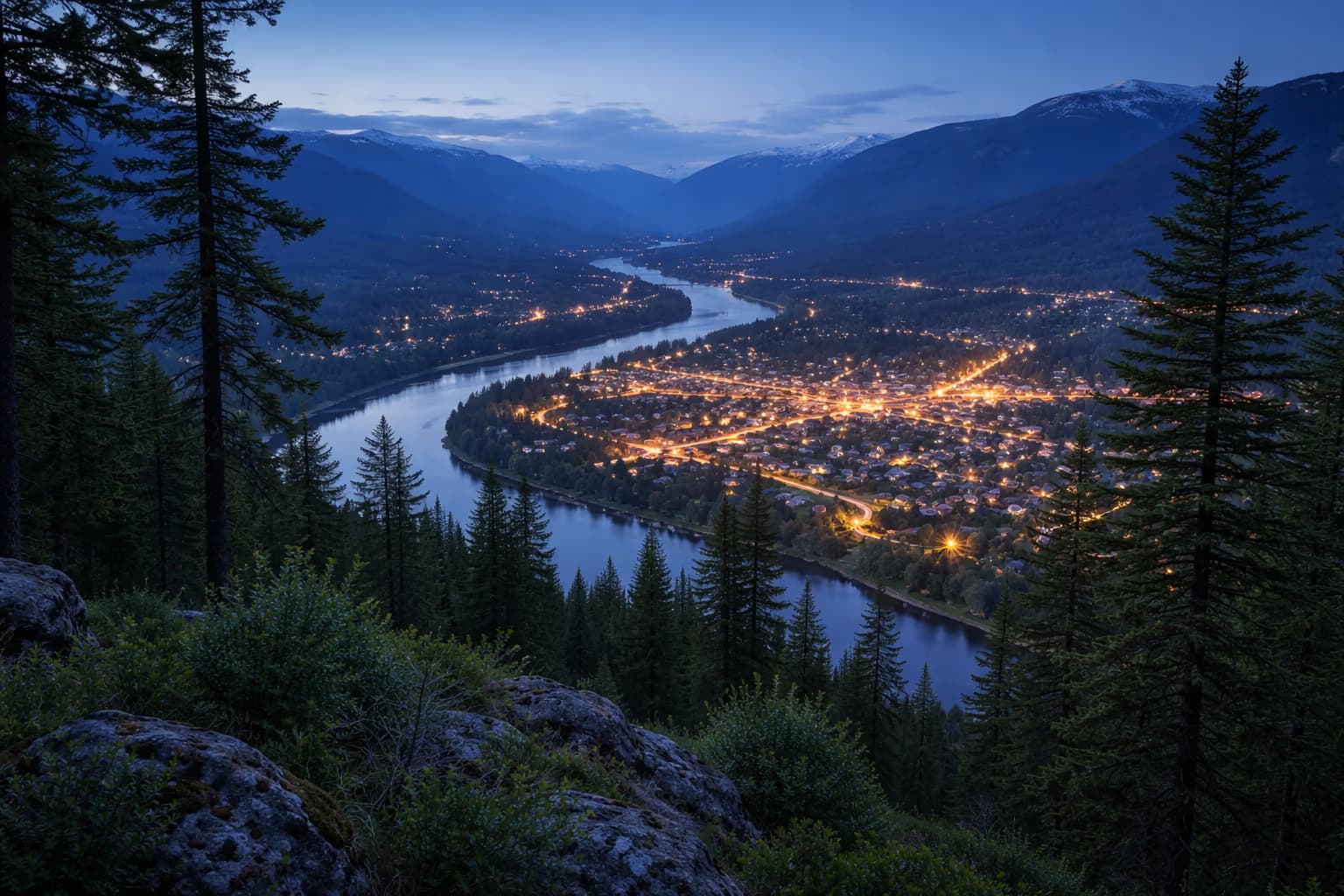 Castlegar river valley at blue hour