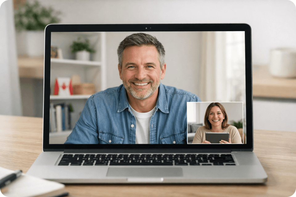 Mortgage broker smiling on a video call while the client talks and holds an iPad.