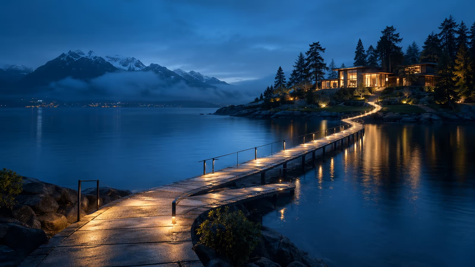 An illuminated pathway over calm coastal water leading toward a warm modern home, symbolizing a safer mortgage penalty decision.