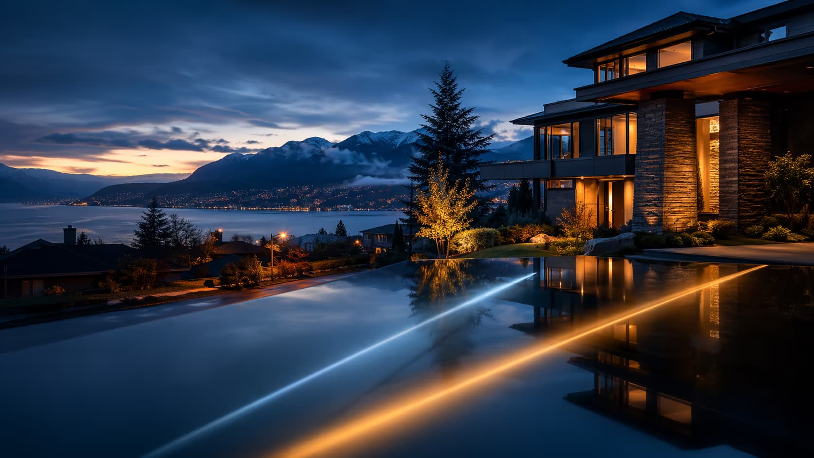 A calm Canadian coastal home at dusk with blue and amber light paths representing different mortgage penalty formulas.