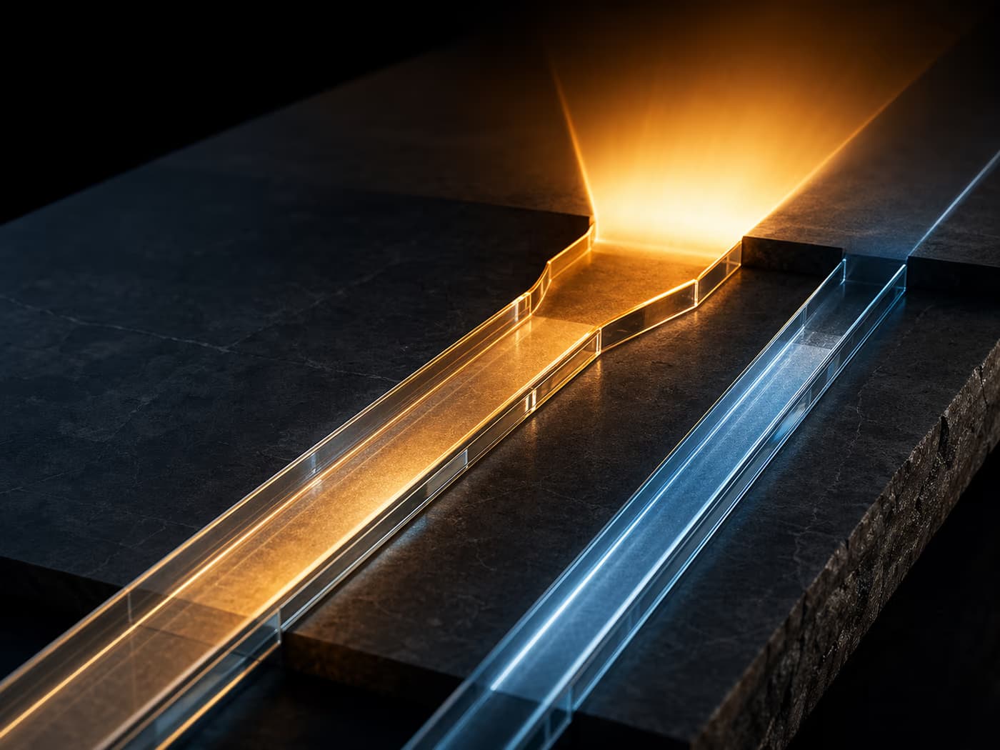 Two glass light channels on dark stone, one amber and intense and one cool blue, representing posted-rate and contract-rate IRD paths.