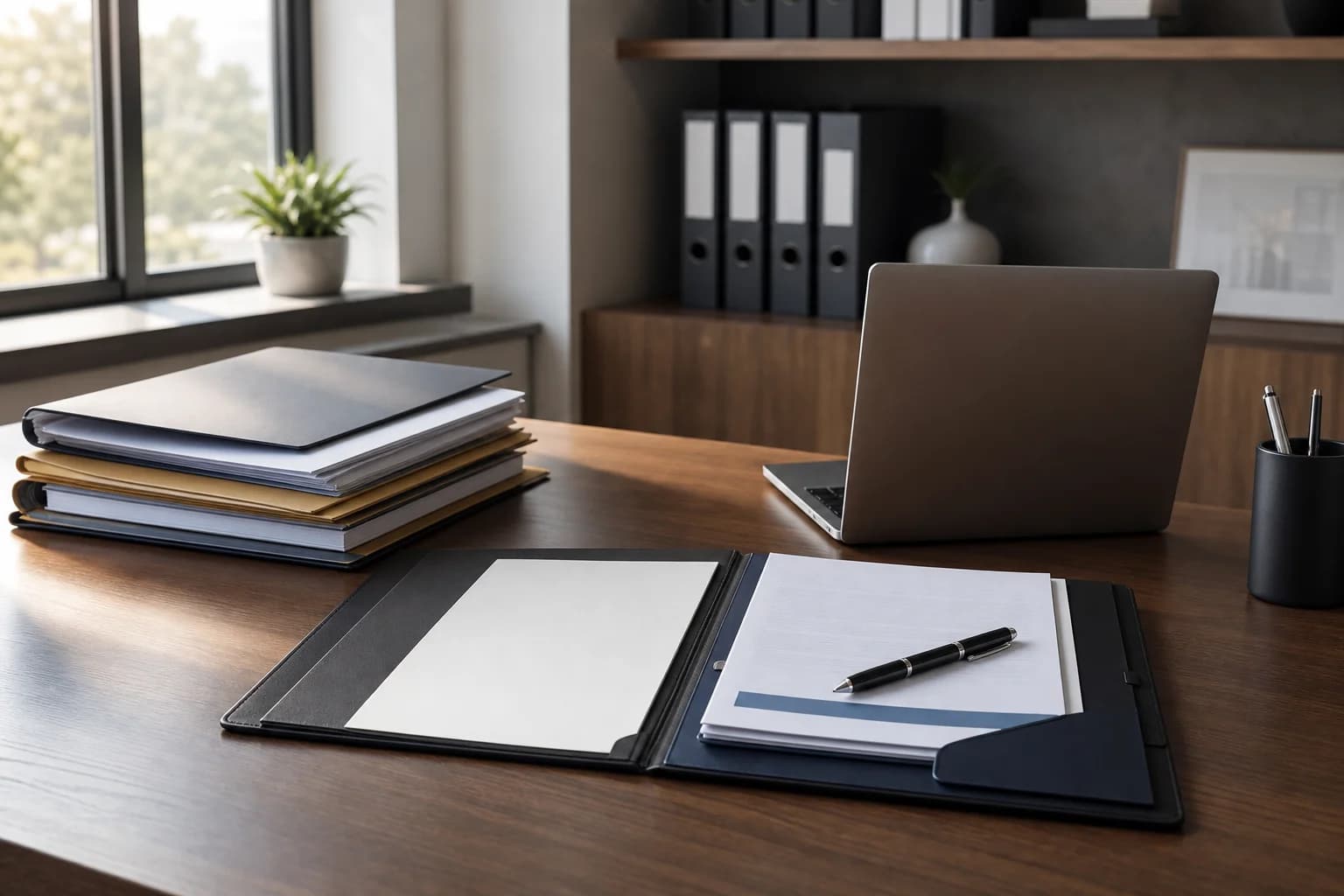 Organized mortgage application documents on a clean desk — income verification, bank statements, tax returns, and identification representing the complete document package Canadian lenders require.