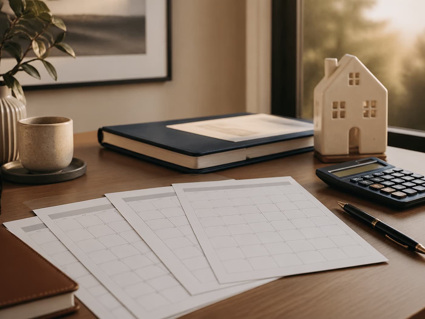 Quarterly planning sheets, a mortgage folder, calculator, and small ceramic home in a warm home office.