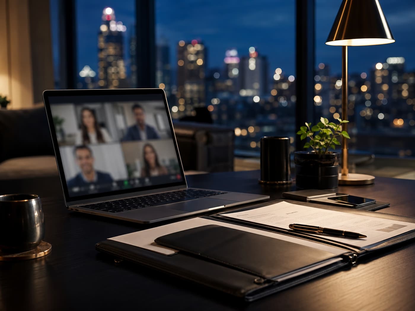 A virtual mortgage consult setup with a laptop, folder, pen, and evening city lights.