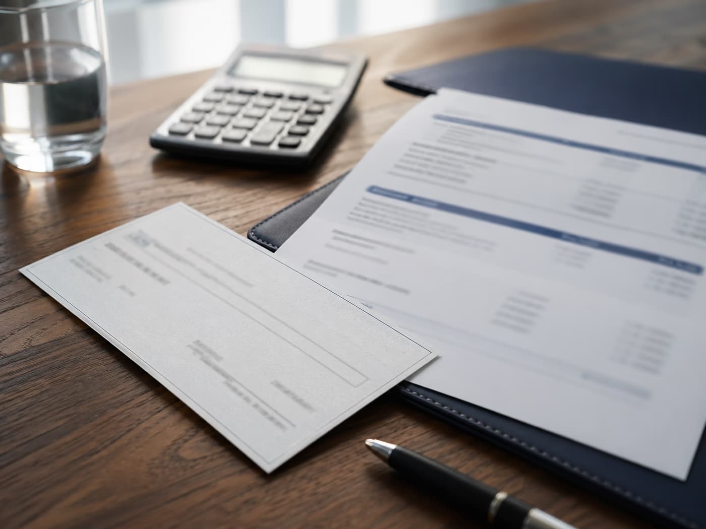 A clean mortgage statement, extra payment slip, folder, pen, and calculator arranged on a wood desk.