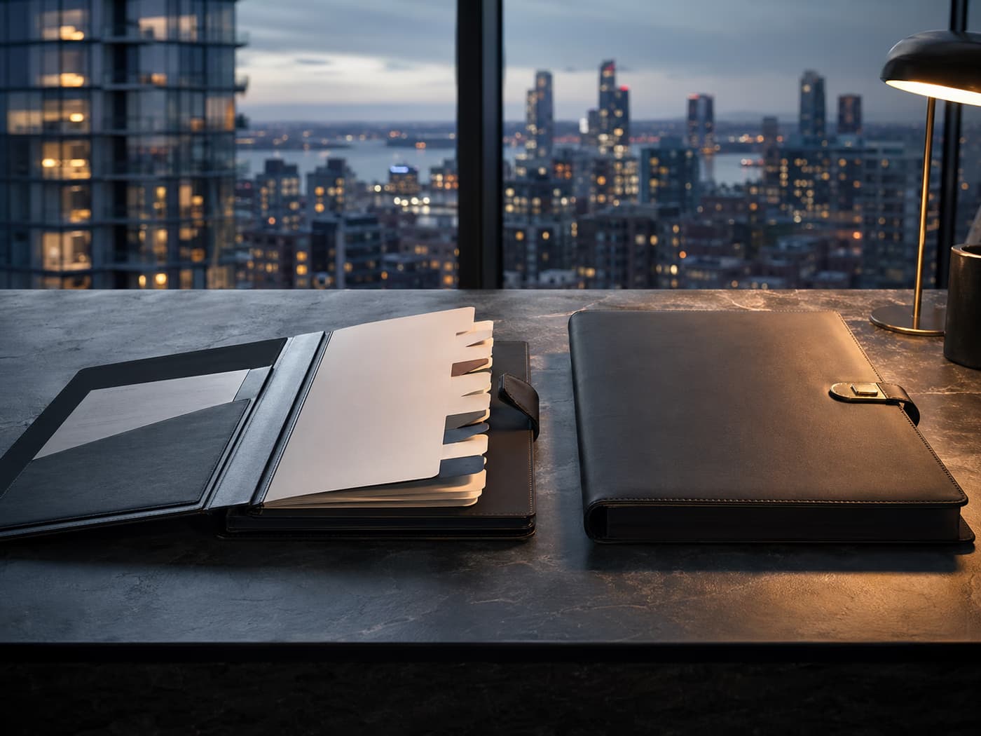 Two mortgage folders on a stone table contrasting flexible and restricted contract paths at blue hour.