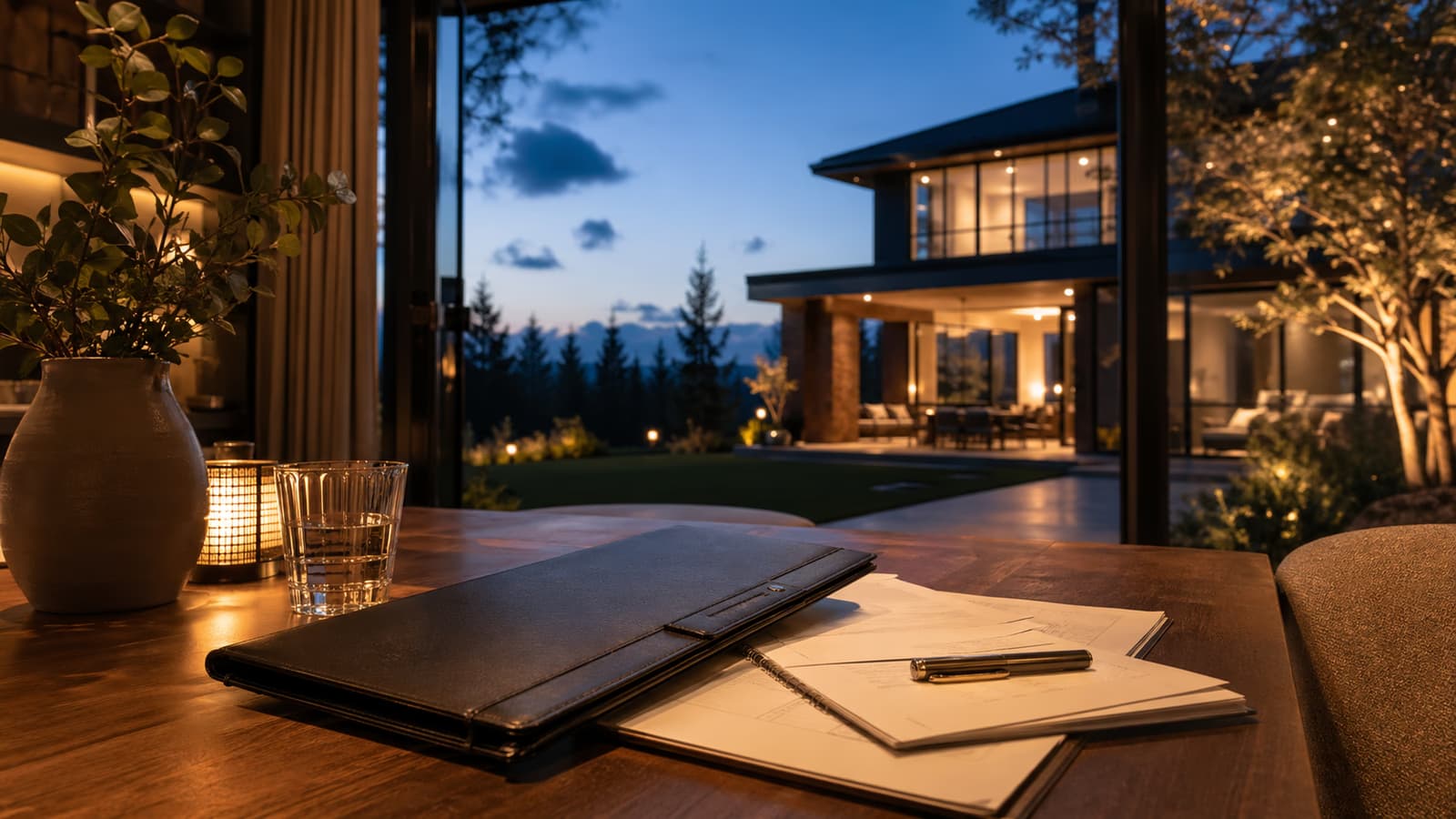 A modern Canadian home at blue hour with a mortgage planning folder on a warm interior table.