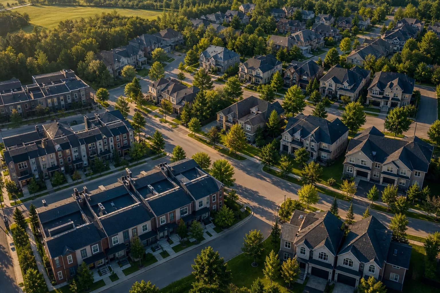 Aerial view of Canadian neighborhood with three distinct housing clusters