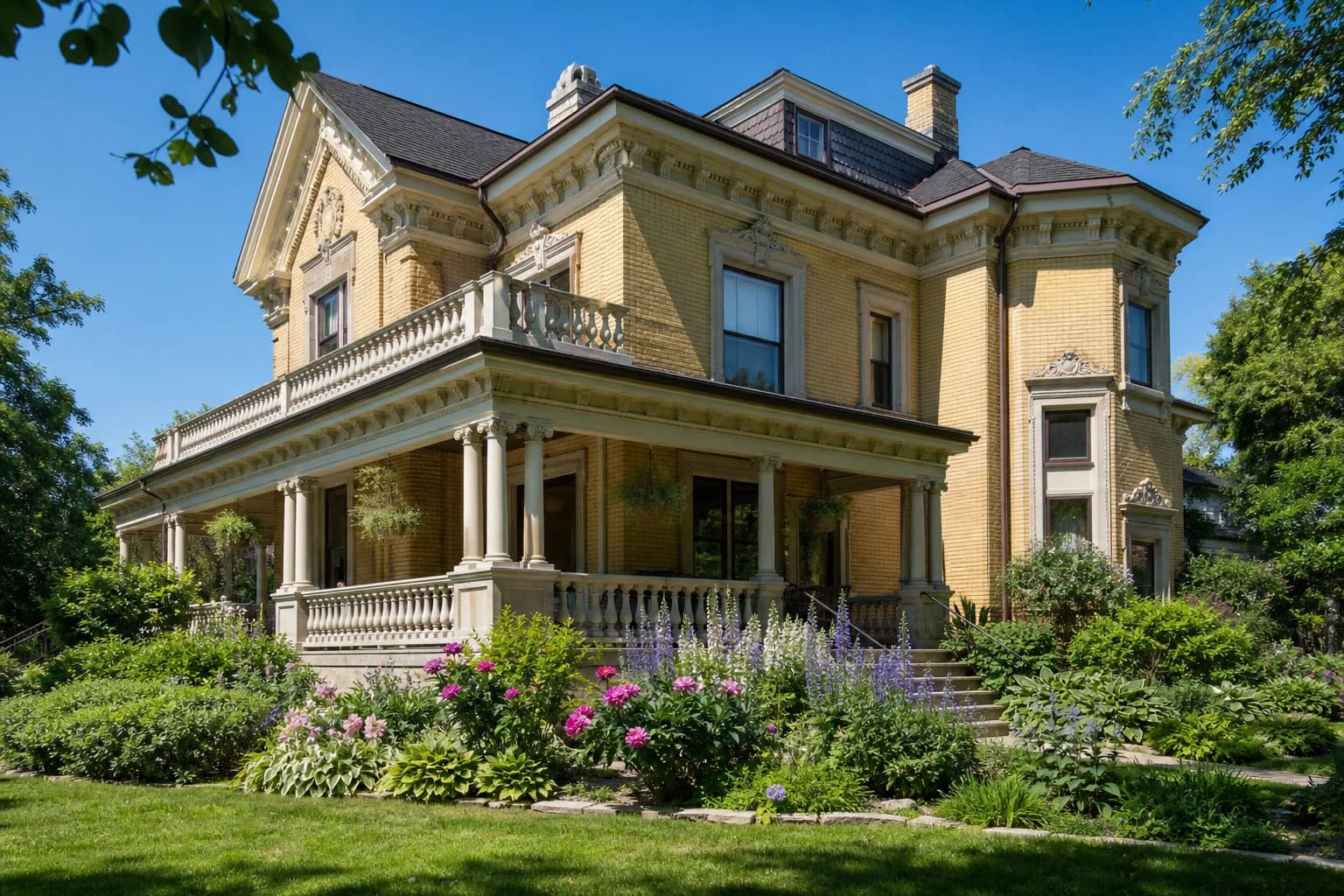 Restored heritage yellow brick home with limestone detailing