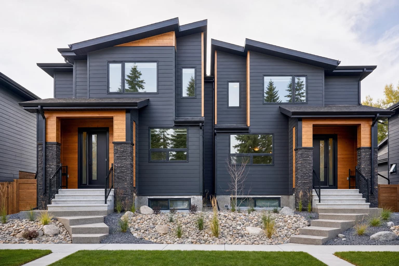 Modern Canadian duplex with dark siding and warm wood accents