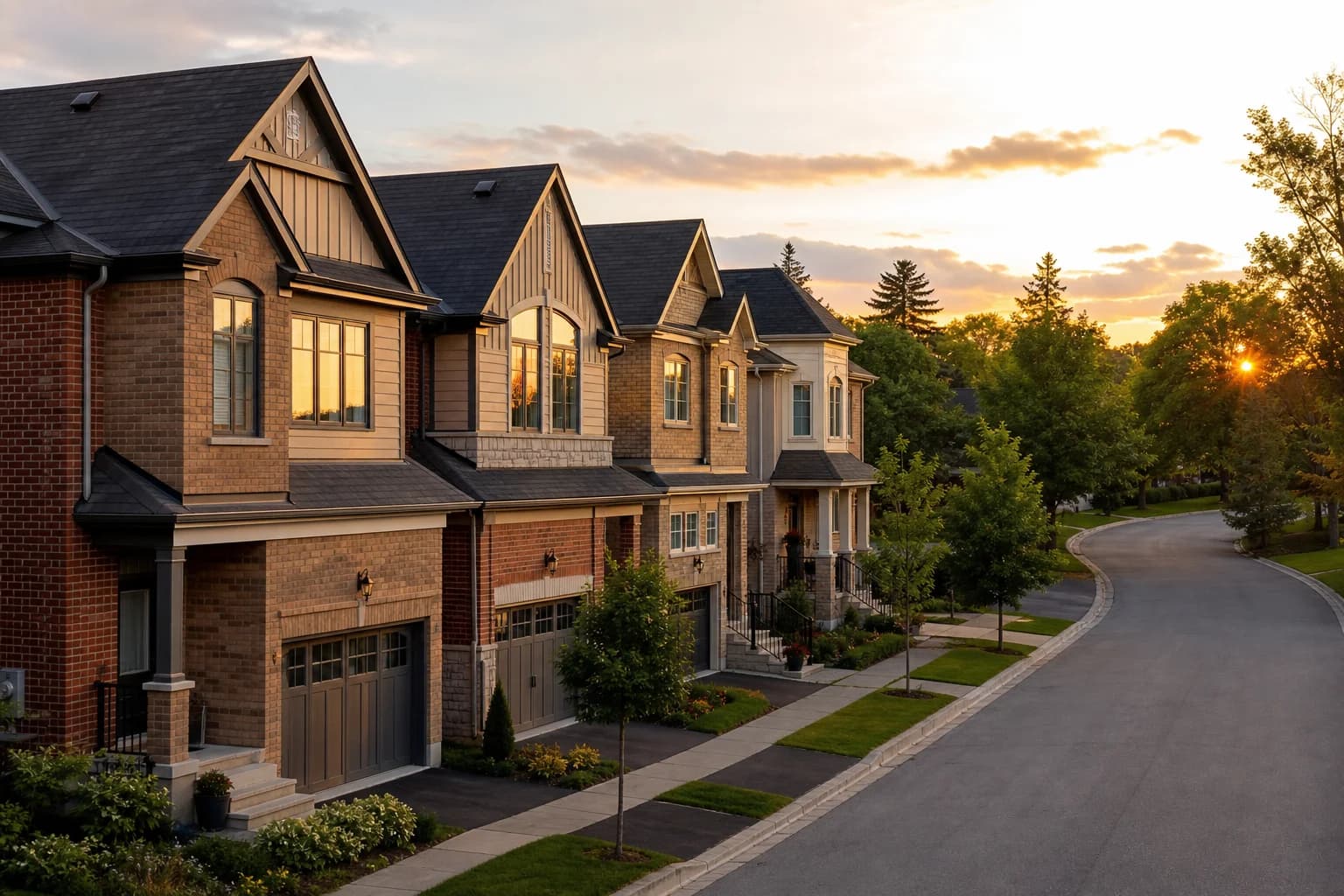 Row of well-maintained townhouses in a Canadian suburb at sunset — portfolio lenders evaluate blended DSCR across all properties.