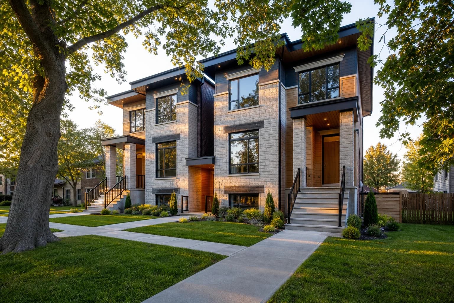 Modern Canadian fourplex with separate entrances and well-maintained landscaping — optimizing DSCR means managing rents and expenses before the lender reviews the numbers.
