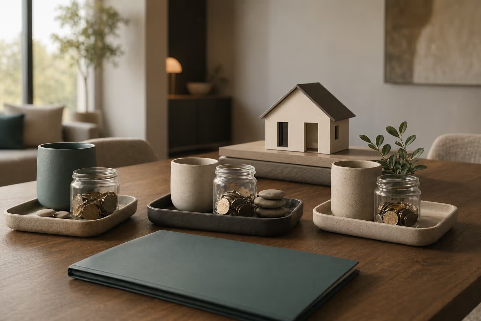 Three first-home savings sources arranged on a table beside a small home model