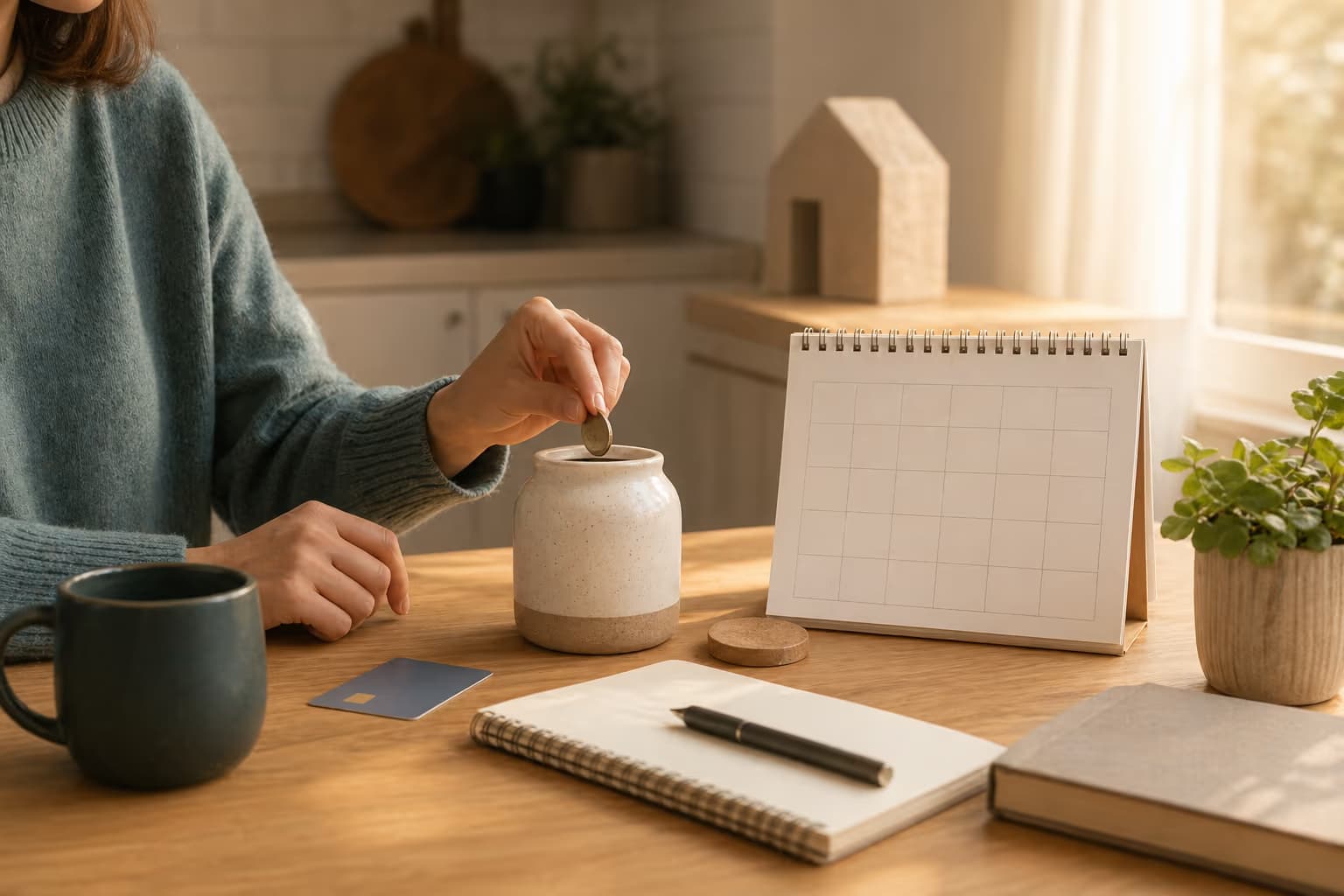 First-time buyer sorting savings objects at a kitchen table before house hunting