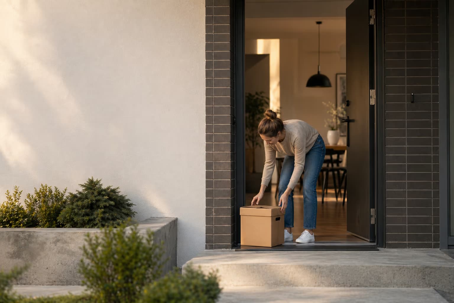 First-time buyer placing a moving box inside a modest first home doorway