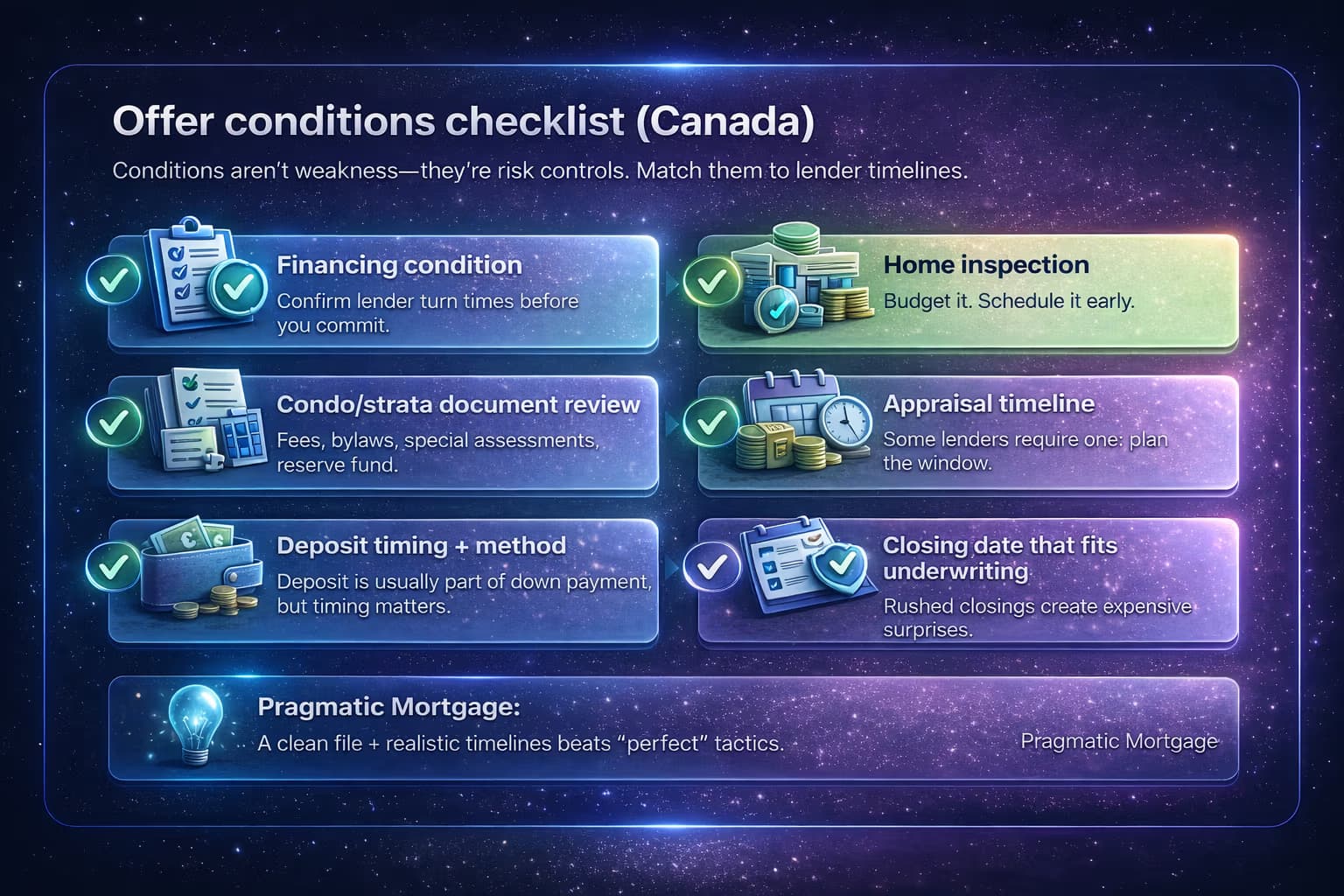 Offer conditions checklist covering financing, inspection, and condo document review timing.