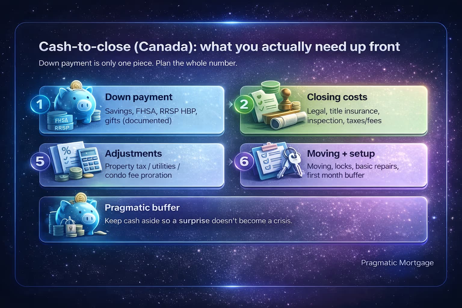 Cash-to-close breakdown: down payment, closing costs, adjustments, moving costs, and emergency buffer