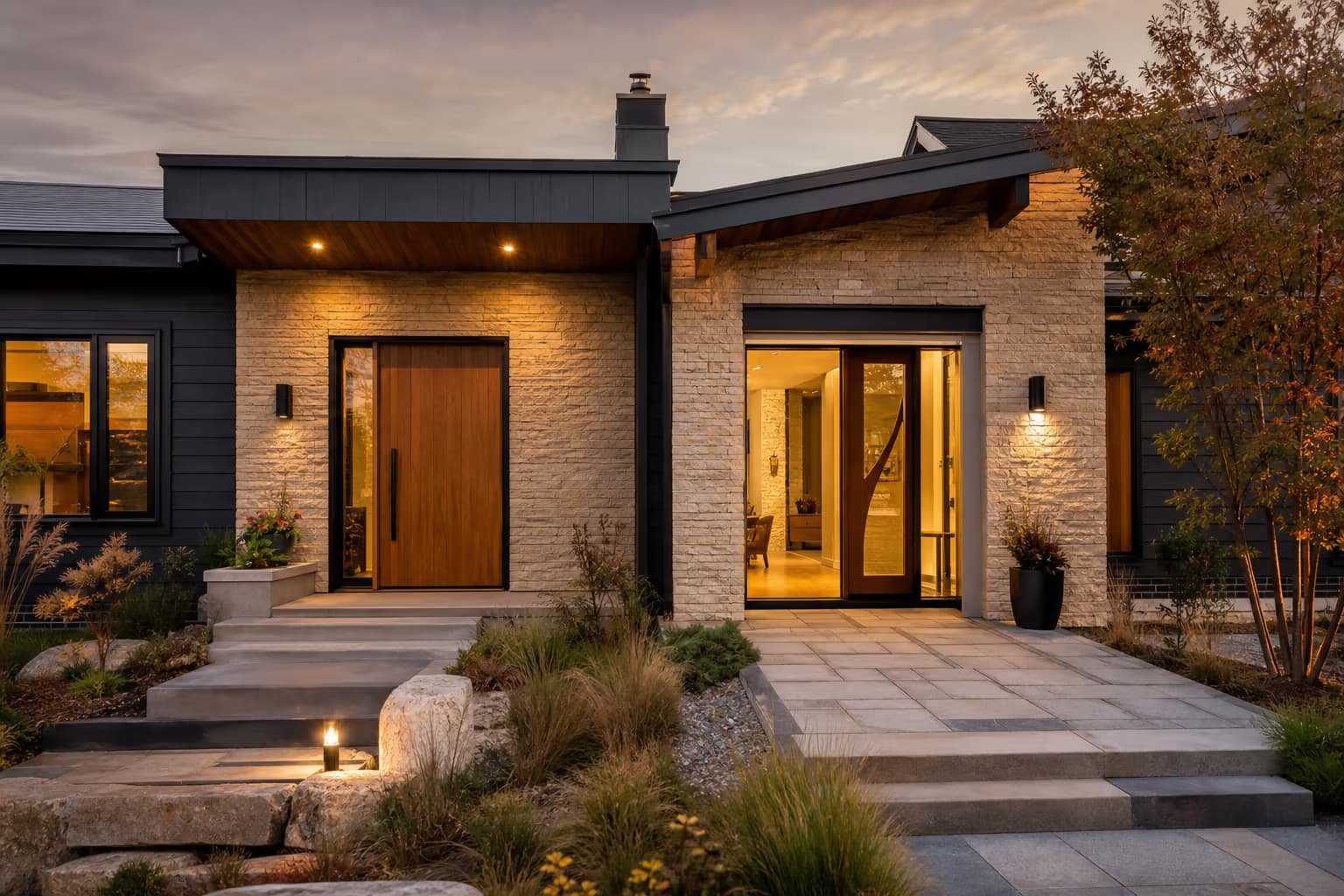 A decision pathway — calm residential architecture with two distinct entries, one solid and grounded, one flowing and transparent, representing the fixed vs variable choice