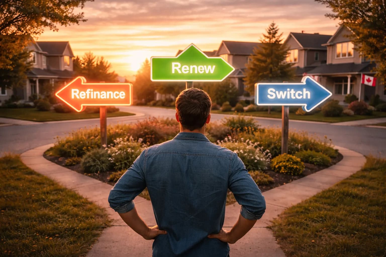 refinance vs renew vs switch in Canada with a Canadian home at sunset