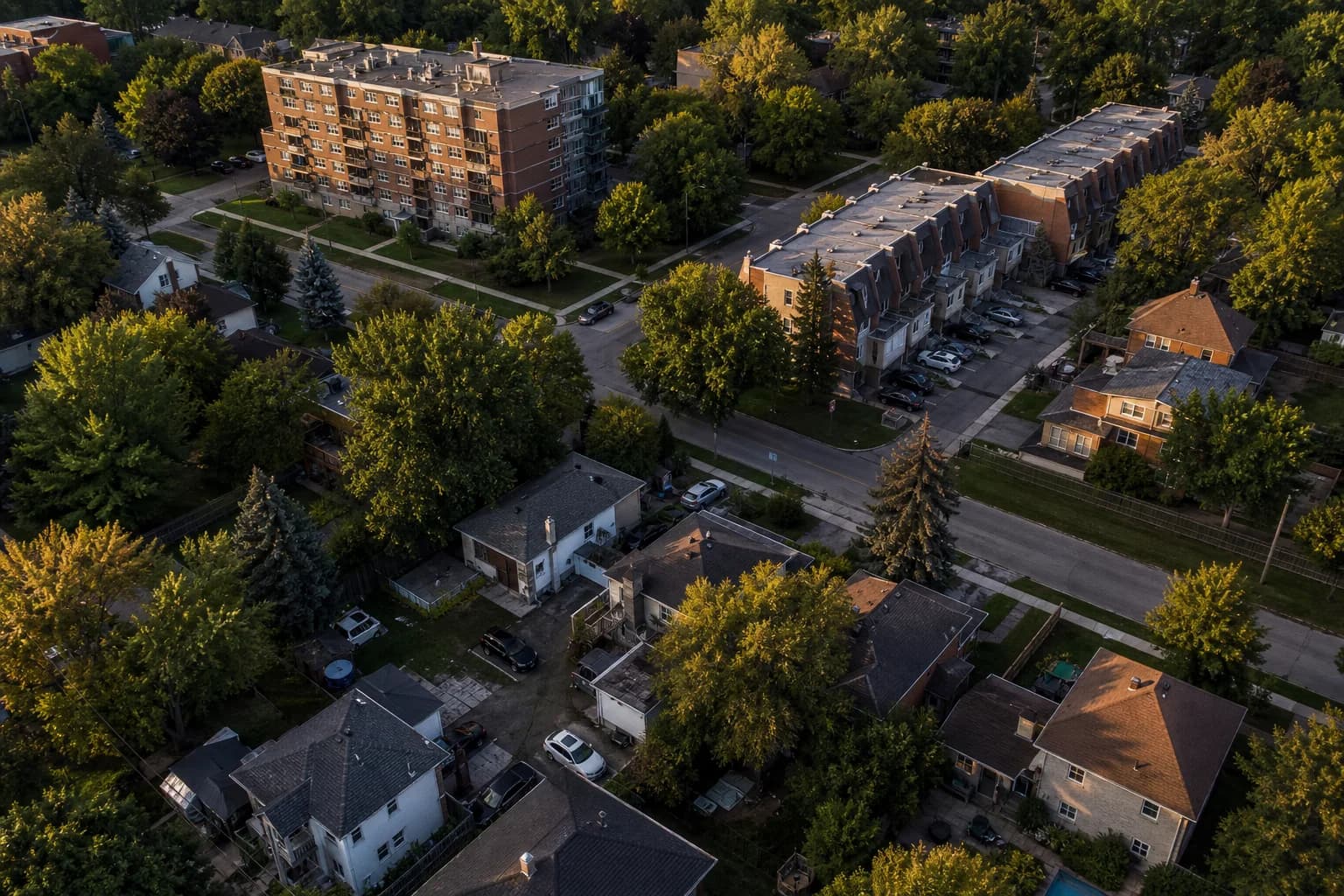 Aerial view of mixed Canadian neighborhood