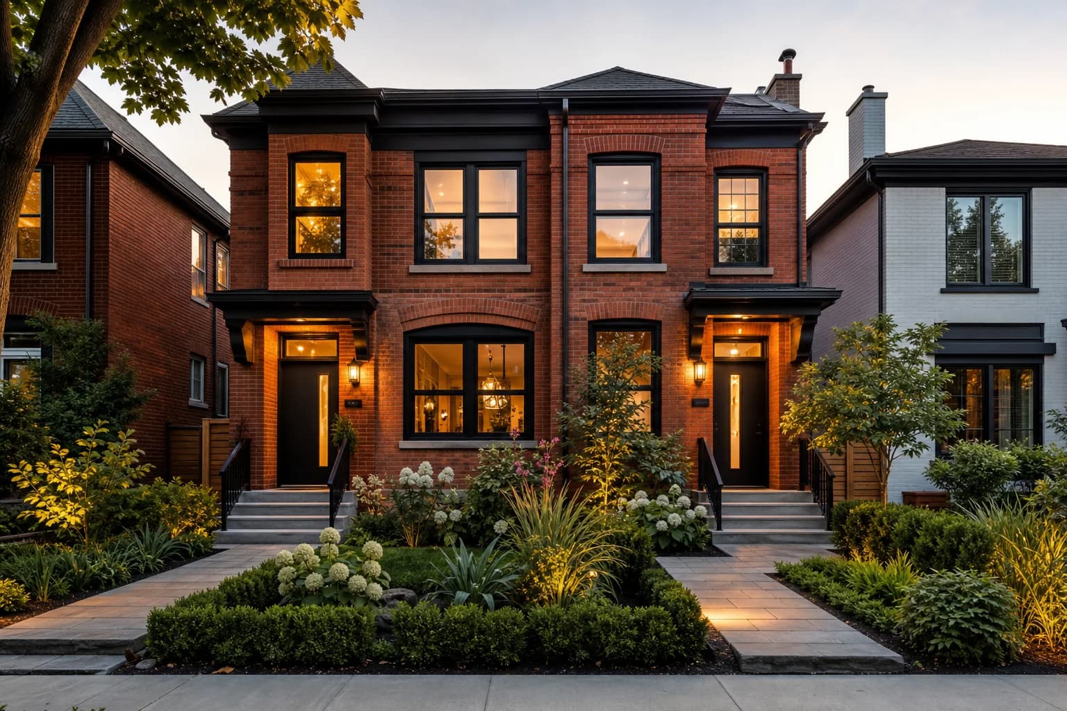 Renovated duplex with modern windows on classic brick