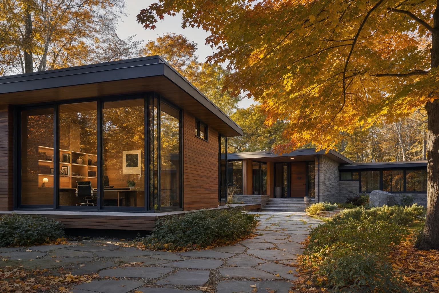 Mid-century modern bungalow with home office wing and autumn maples