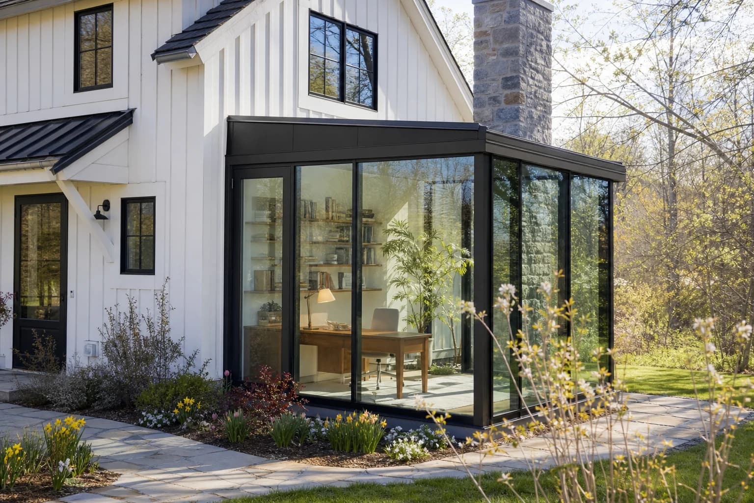 Contemporary farmhouse with glass-walled sunroom office and spring garden