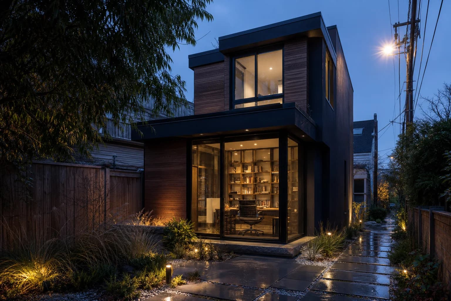 Sleek urban laneway home with glass study and dusk reflections
