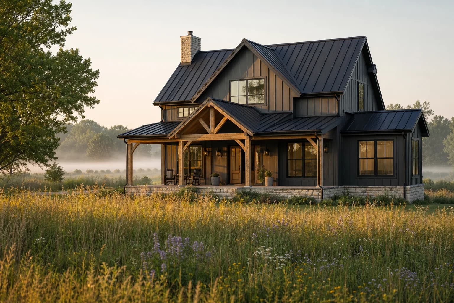 Modern Ontario farmhouse surrounded by prairie grasses at dawn