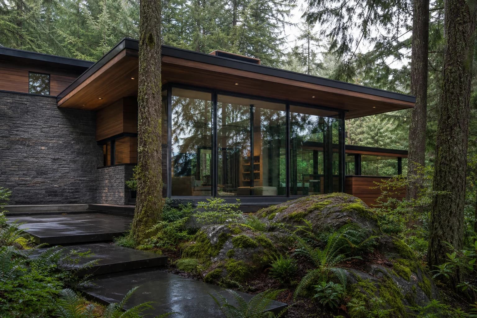 West Coast contemporary home with floor-to-ceiling windows and forest backdrop