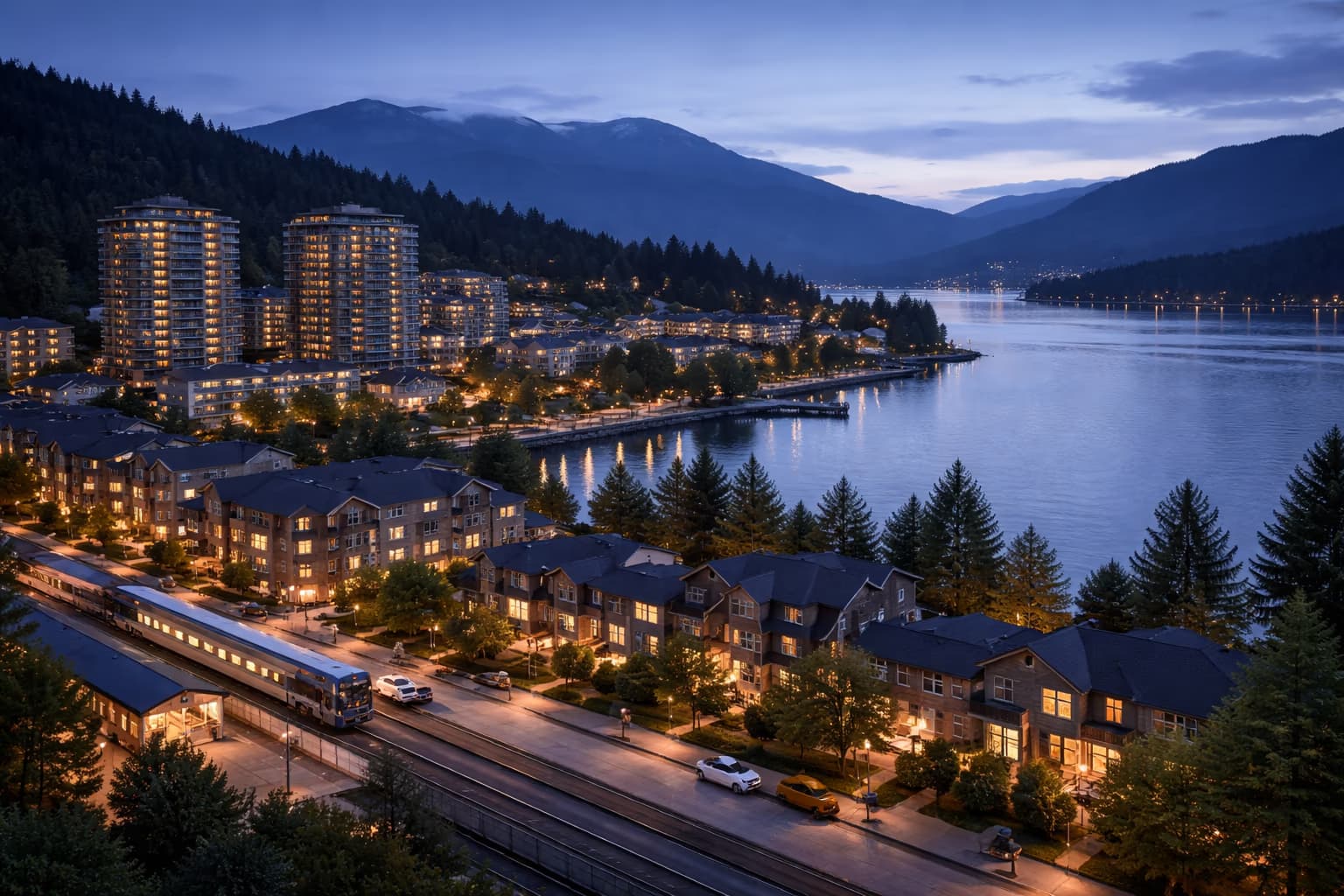 Port Moody waterfront neighbourhood at dusk