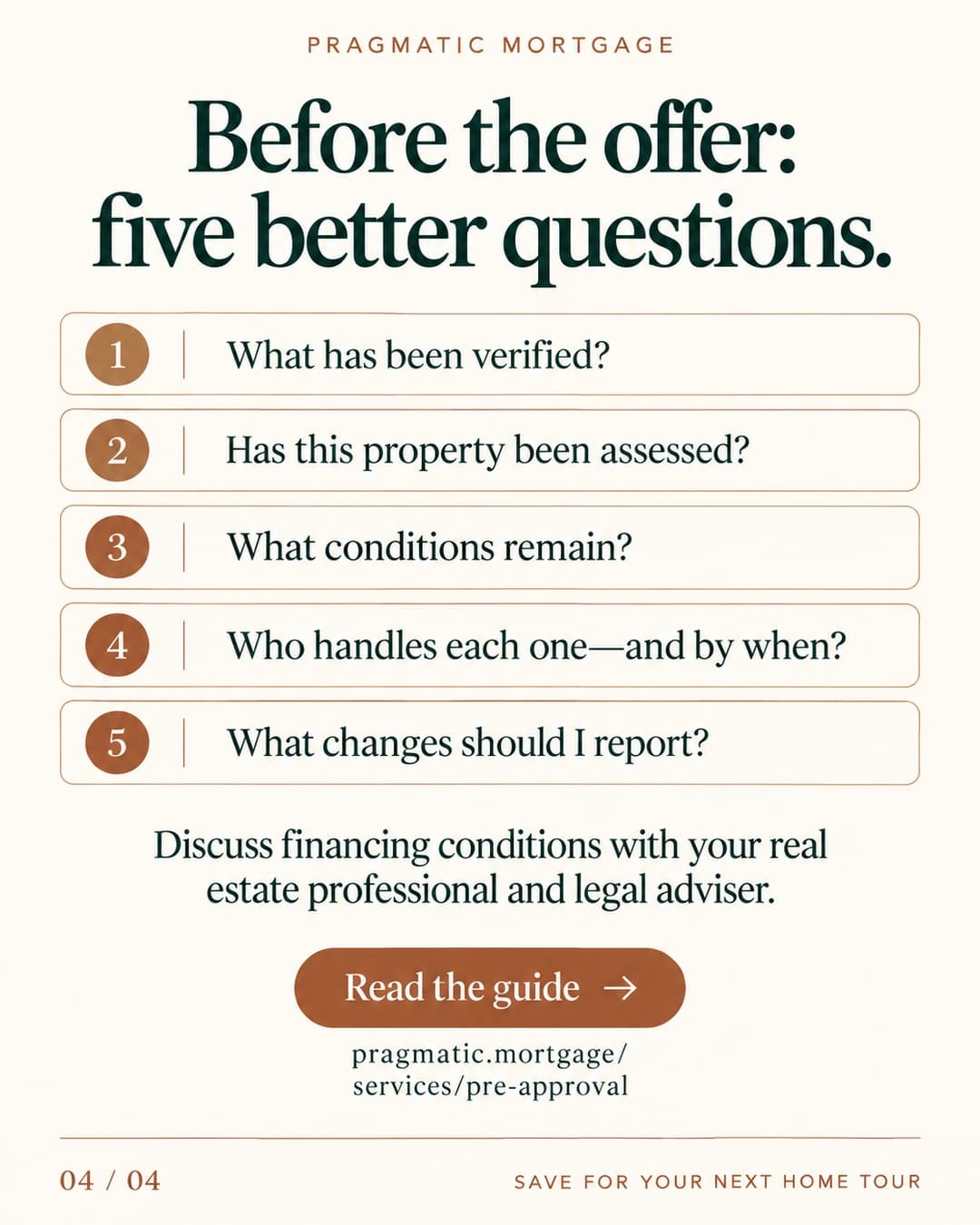 Before the offer: what has been verified, has this property been assessed, what conditions remain, who handles each and by when, and what changes should I report?