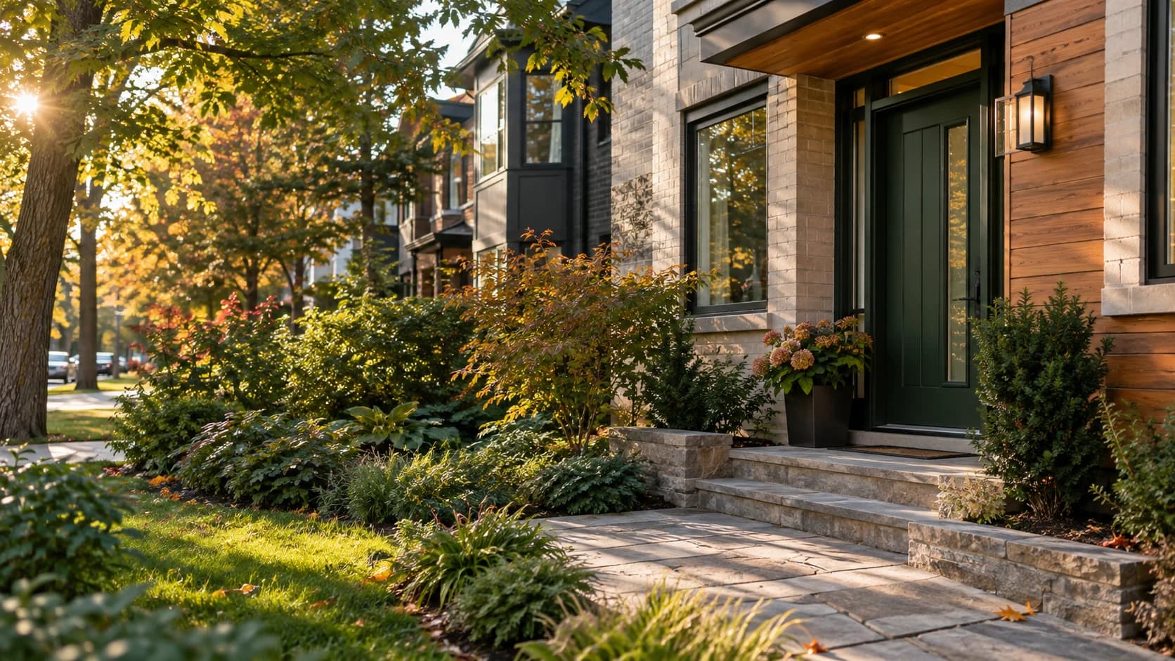 Illustrative cedar-and-brick townhouse entrance with a green door in warm autumn light