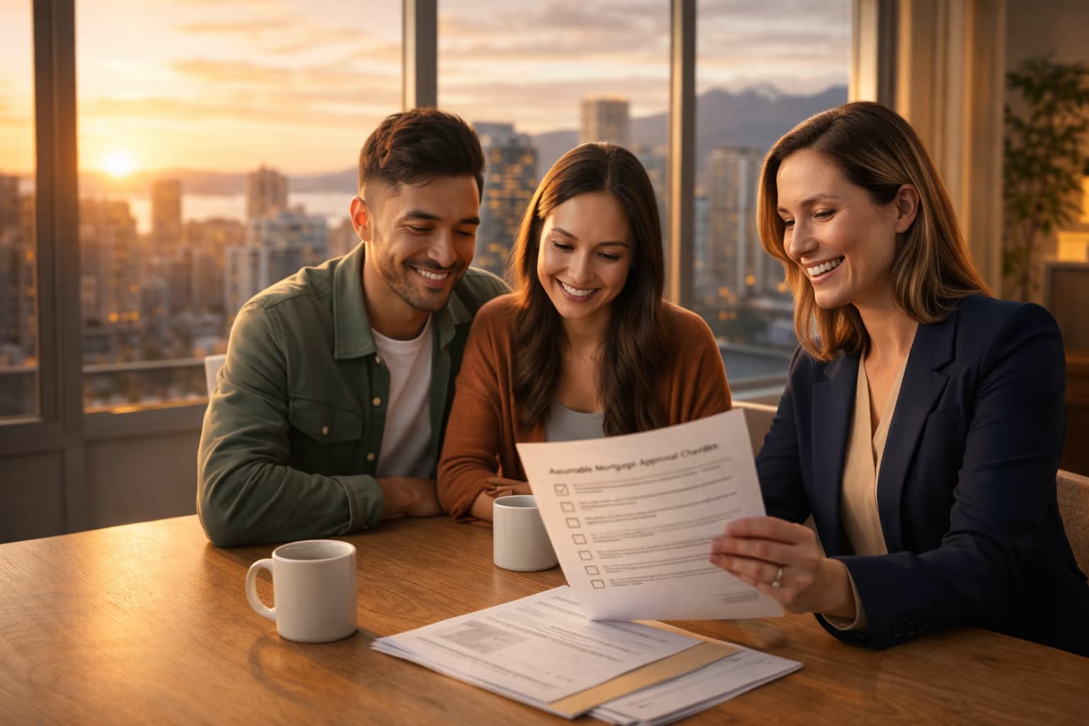 Friendly Canadian homebuyer and broker reviewing assumable mortgage details in a modern office at sunset