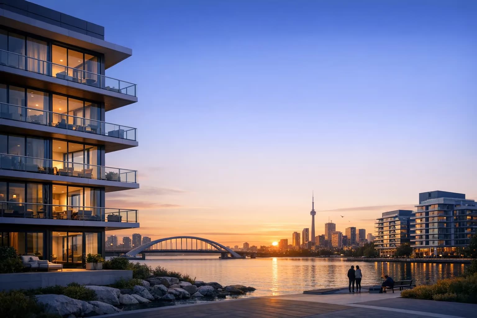 Canadian waterfront condo buildings at sunset representing bridge financing closing timelines.