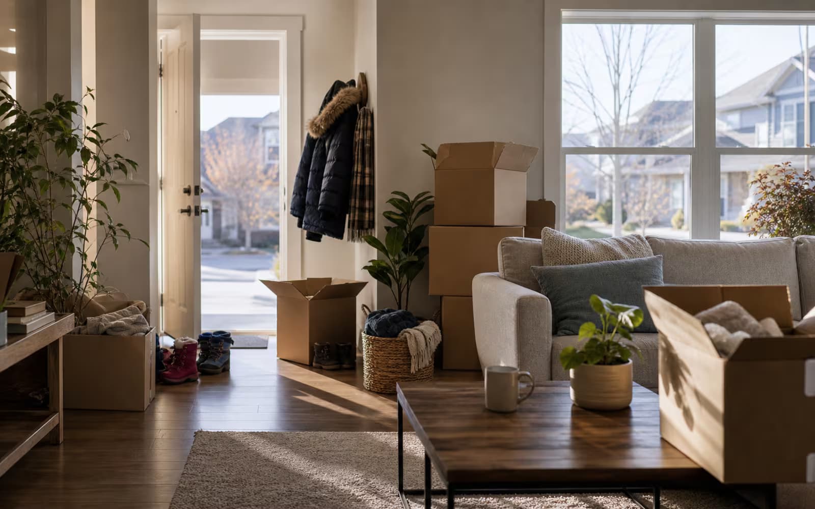 New Canadian home living room with moving boxes and winter boots representing cashback mortgage move-in costs.