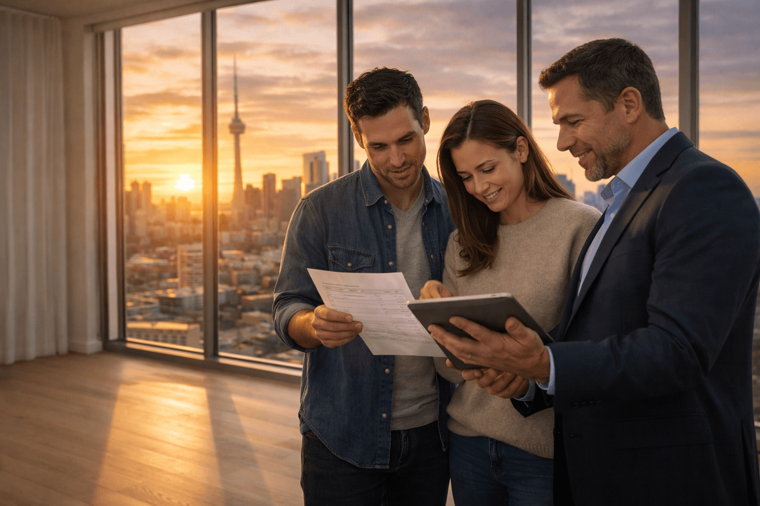 Canadian mortgage advisor reviewing cashback mortgage options with a couple at sunset